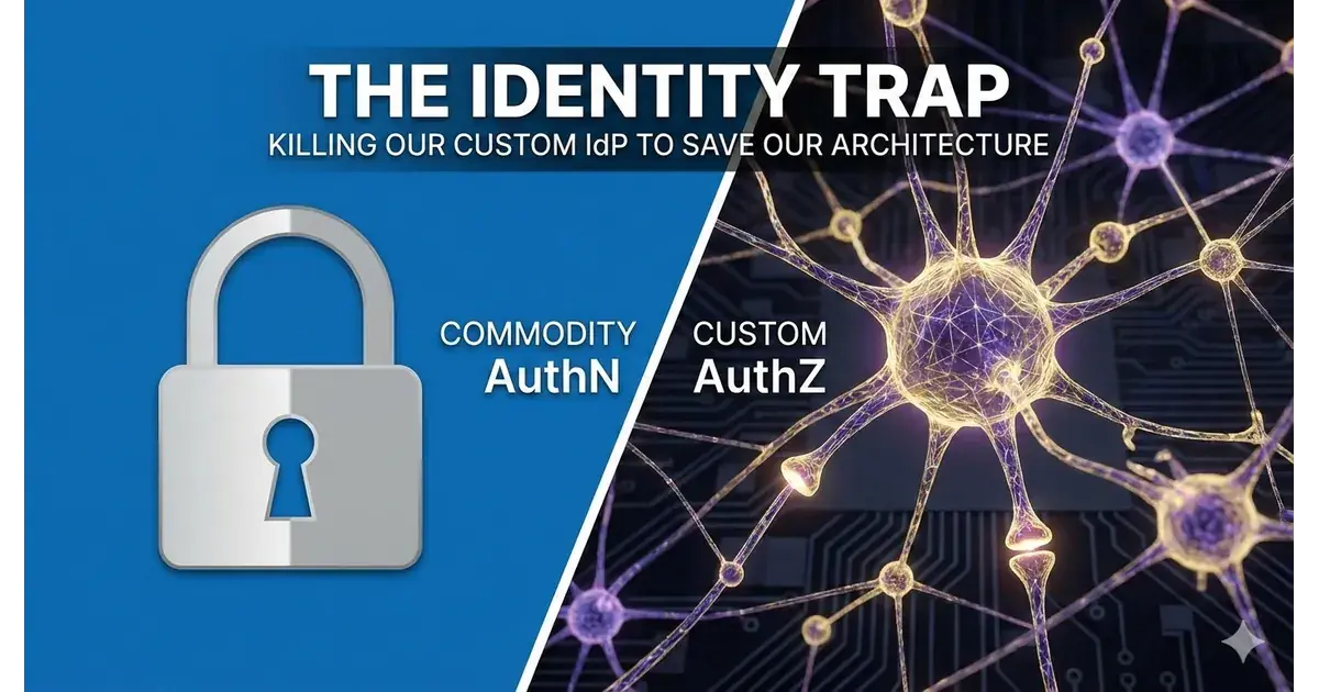 A split technical diagram showing a generic lock icon representing commodity AuthN versus a complex neural network representing custom AuthZ